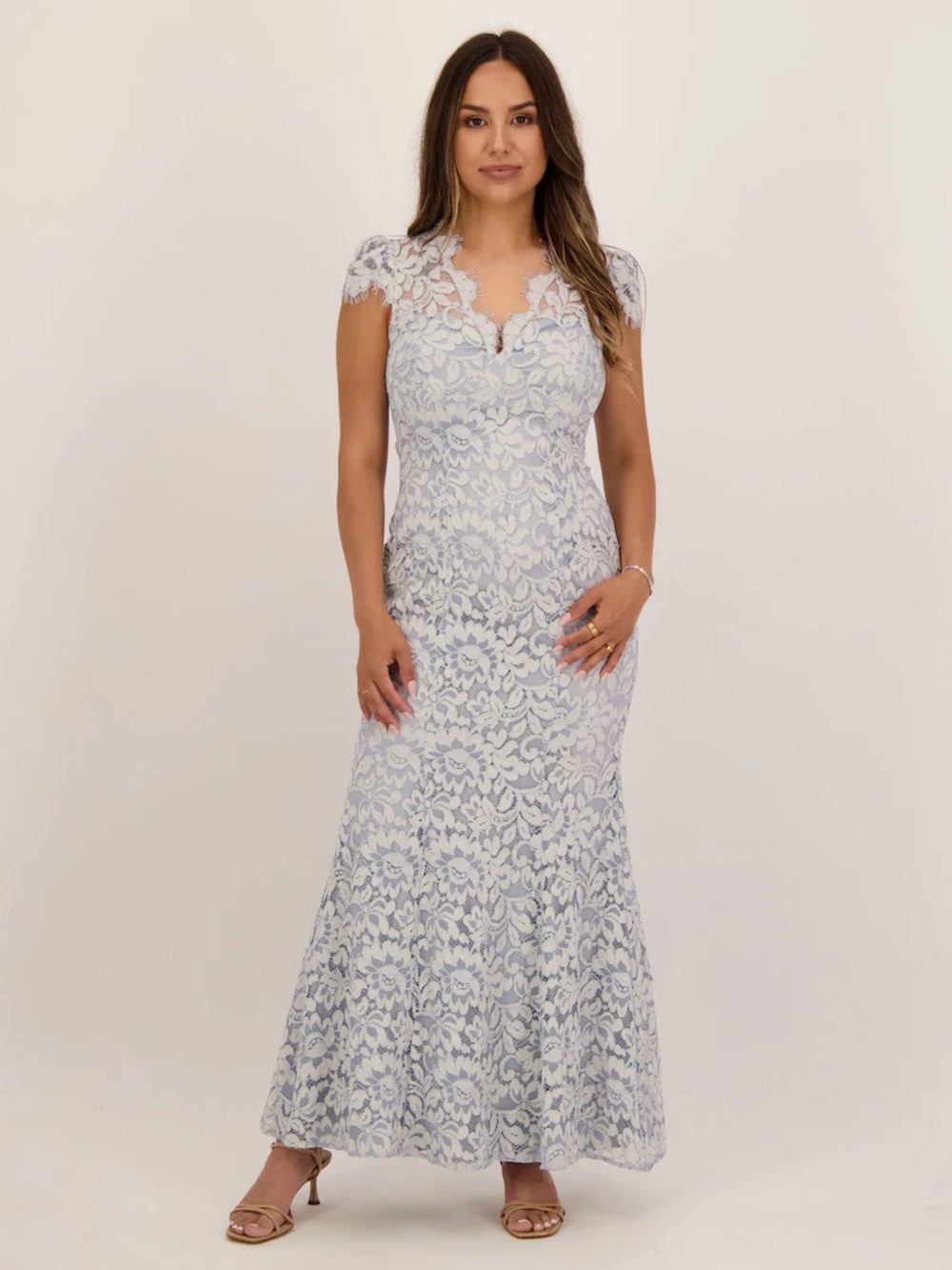 Eliza J Light Blue Floral Lace Cap-Sleeve Maxi Dress